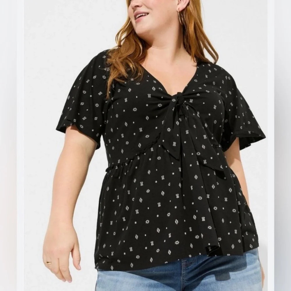 Torrid Vintage Cotton Jersey V-Neck Relaxed Tie Front Top